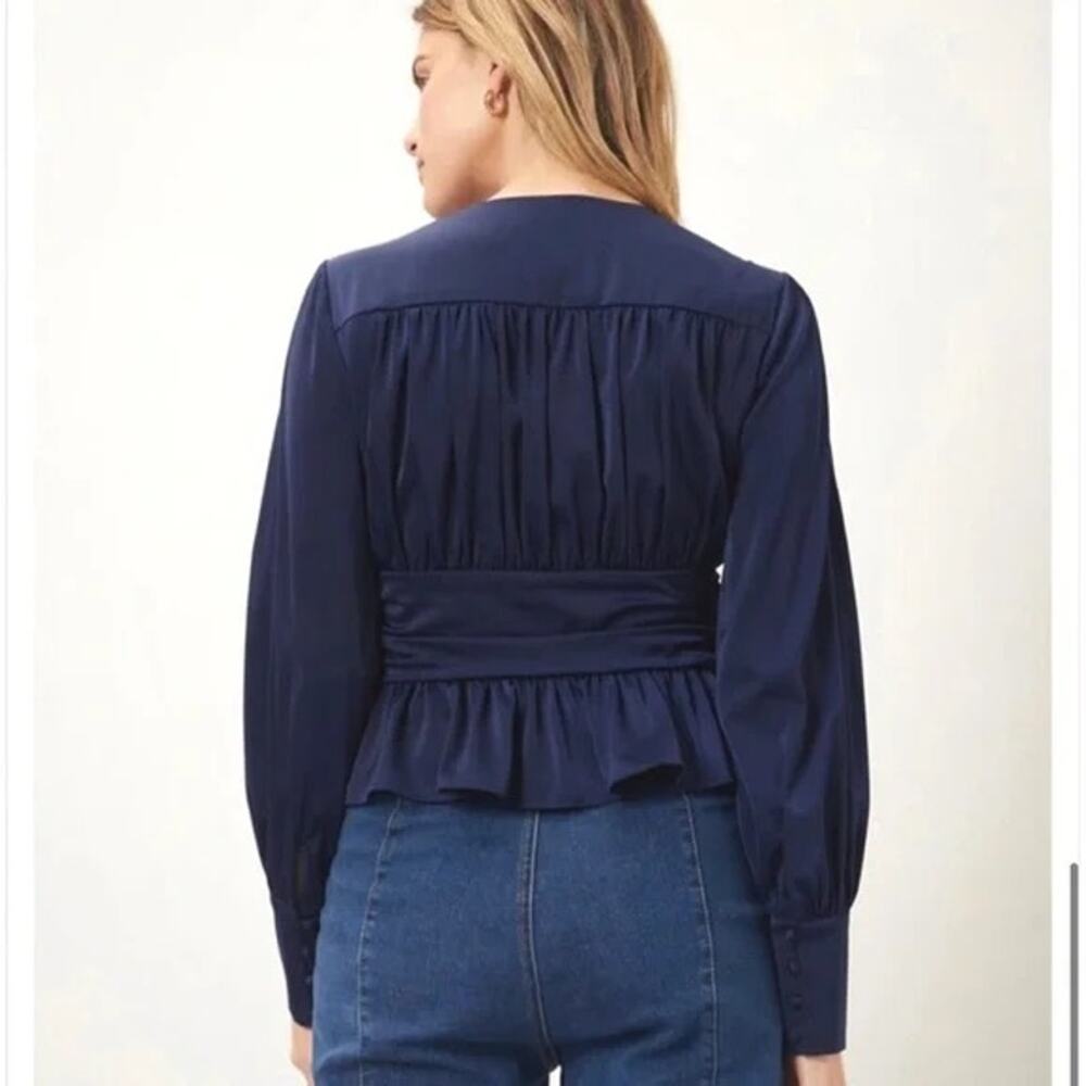 Jason Wu Satin Babydoll Peplum Blouse Small Navy Plunge Holiday Coquette Peasant - Picture 13 of 15